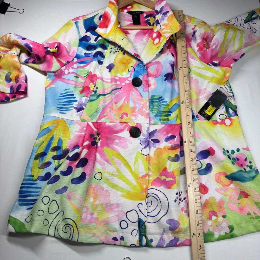 NEW Ali Miles Watercolor Floral Bell Sleeve Jacket Sz L Colorful Lagenlook Artsy